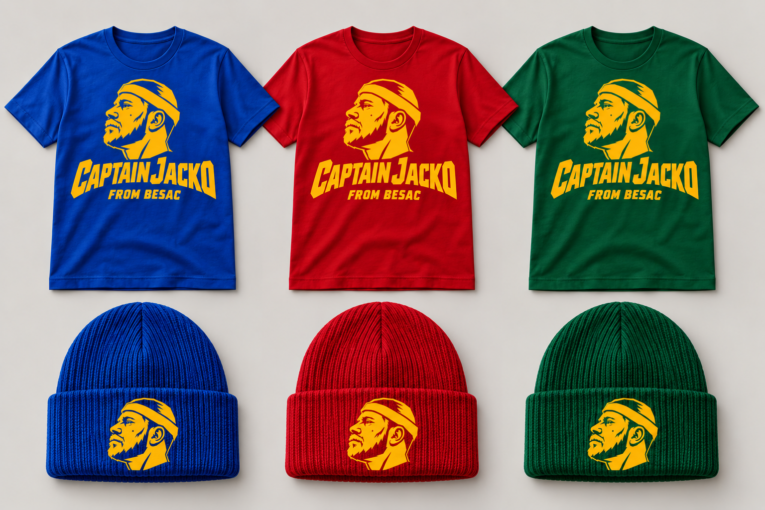 T-shirts et bonnets Captain Jacko, bleu électrique, rouge et vert, avec logo or